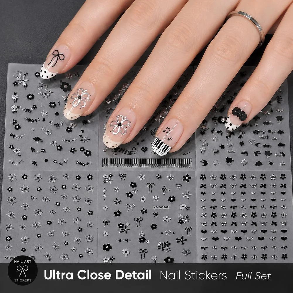 6Pcs Piano Note Nail Art Stickers Black Silver Hot Stamping Hollow Flower Bow Self‑Adhesive Decals For Nail DIY Manicure Decor