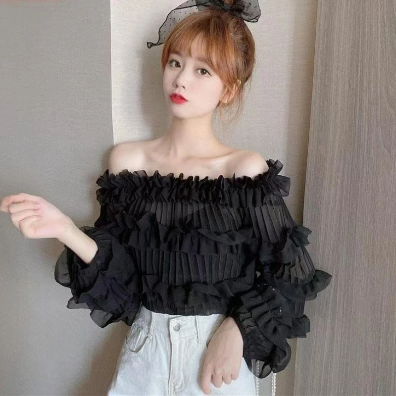 

Autumn New Off Shoulder Chiffon Long Sleeve Sweet Temperament 2025 Sexy Versatile Chiffon Top Women Cardigan Breathable