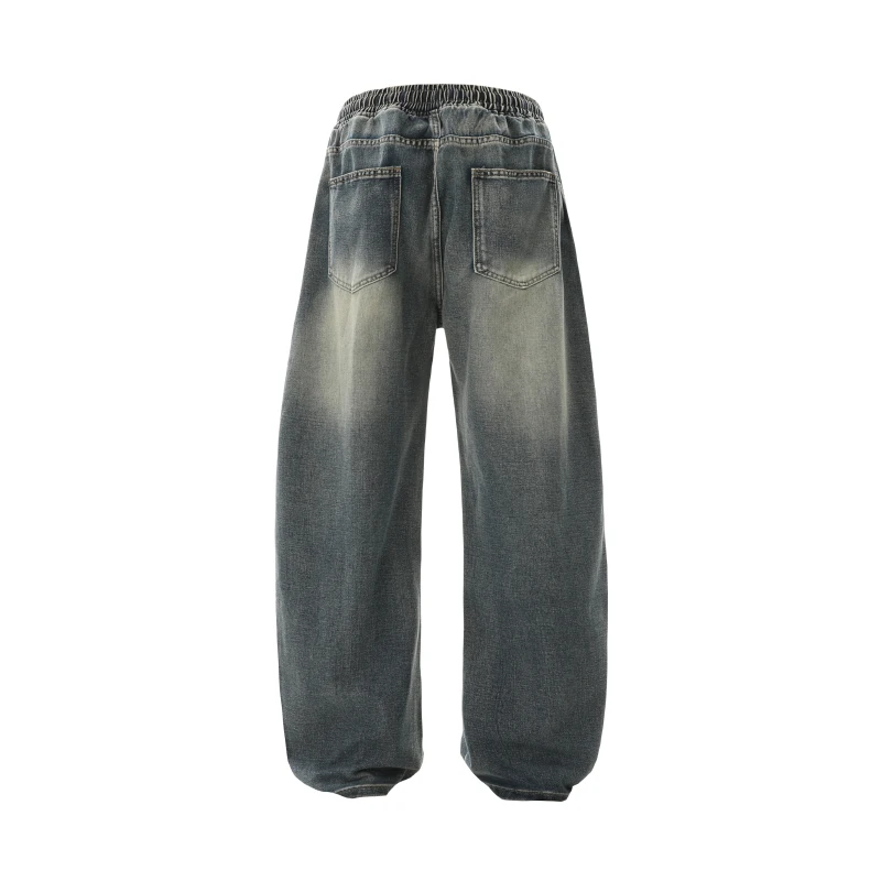 

Wide Leg Jeans Men Baggy Pants Loose Fitness Drawstring Elastic Waist Stripes Patched Oversized Jeans Yong Man Trousers