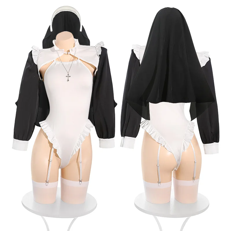 SENMHS Kawaii Anime Nun Maid Bodysuit Sexy Cosplay Costume for Women Halloween or Game Character Outfit