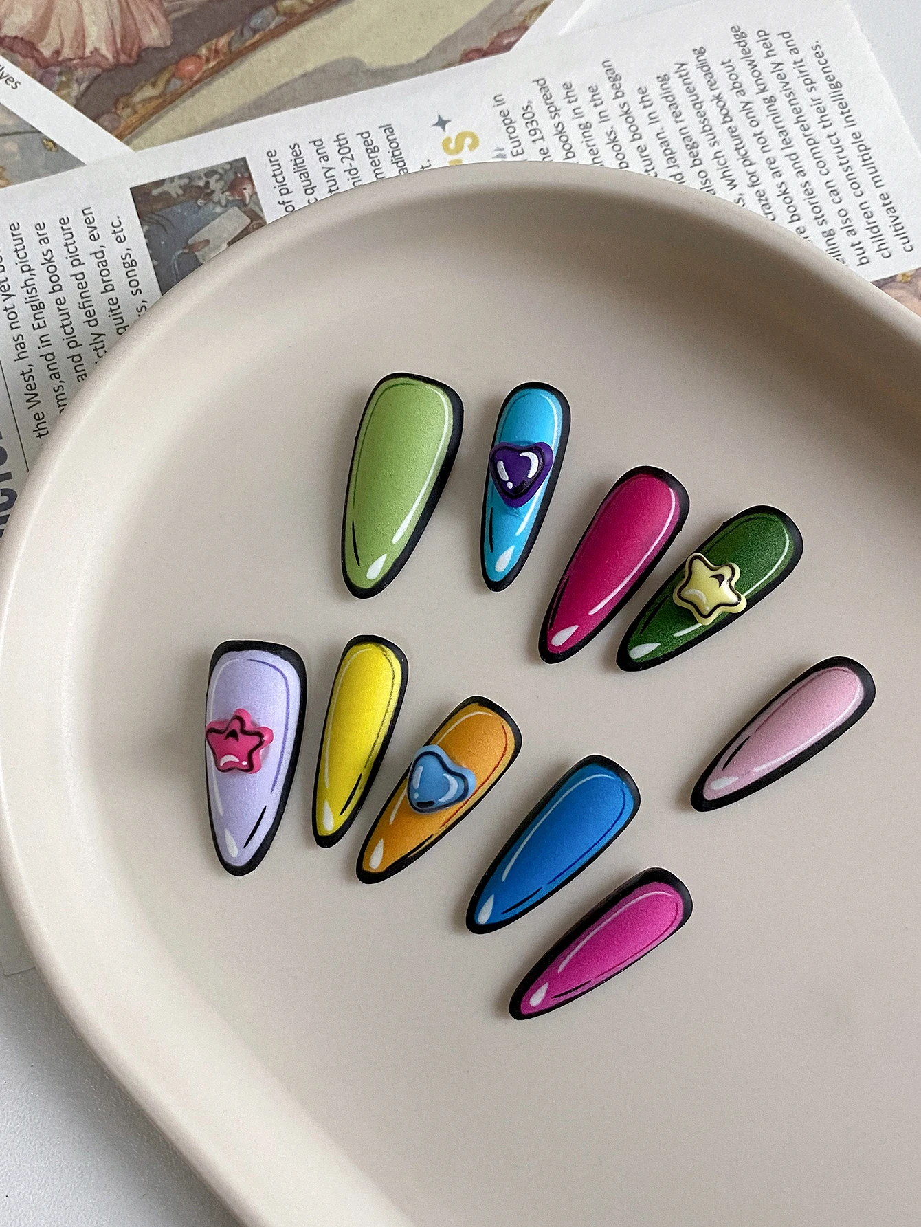 10-Piece Dopamine Hot Girl Style Nails! Macaron Cartoon Star Almond Press-On Nails, Music Festival, Comic Convention, Y2K Millennium Hot Girl Outfits, Street Shopping, Dopamine Girl Photoshoot, Colorful Casual Wear.