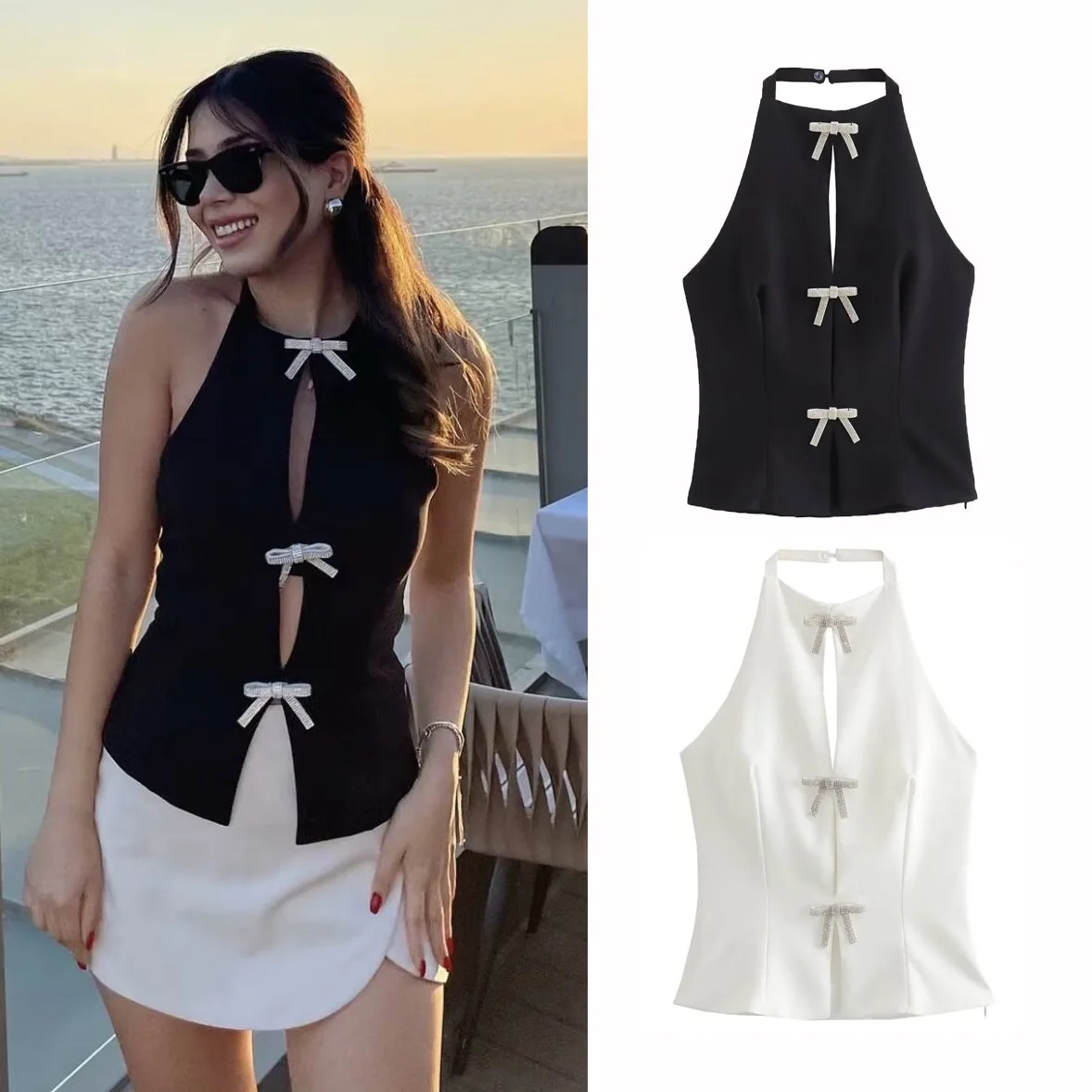

2024 Summer New Bowknot Decorated Halter Neck Slim Fit Backless Tank Top For Women B88687