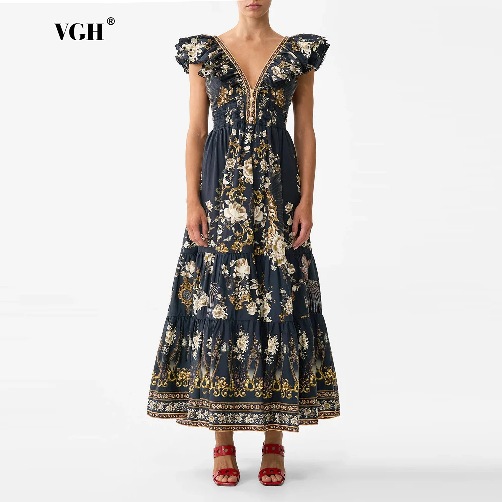 

Винтажное черное макси-платье VGH с цветочным принтом для женщин, с V-образным вырезом, короткими рукавами, присборенным лифом и оборками по низу, для повседневных выходов.