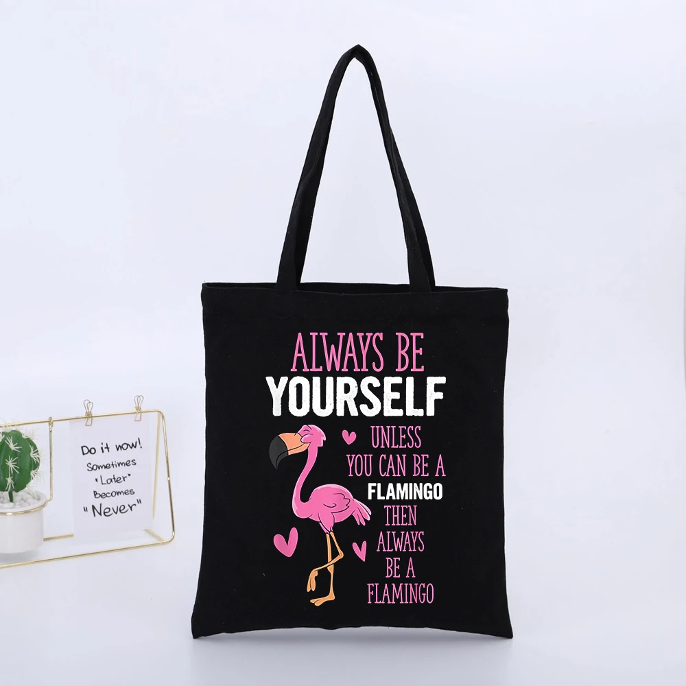 Flamingo and Typography Print Canvas Tote Bag, Casual Style for Daily Shopping and Summer Outings