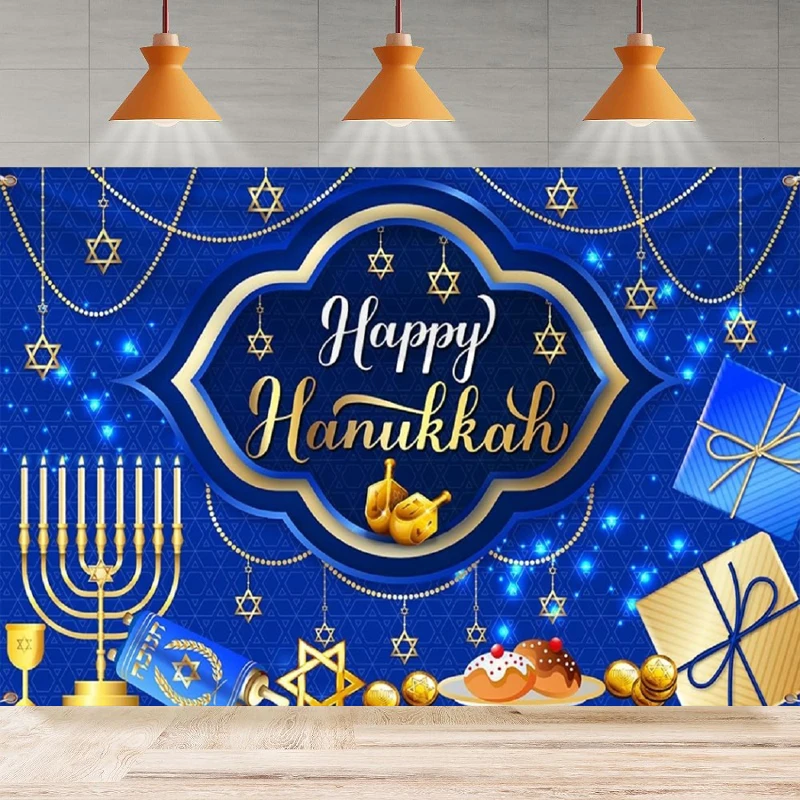 

Photography Backdrop Happy Hanukkah Blue And Gold Fabric Jewish Chanukah Party Background Festival Holiday Home Decor Banner