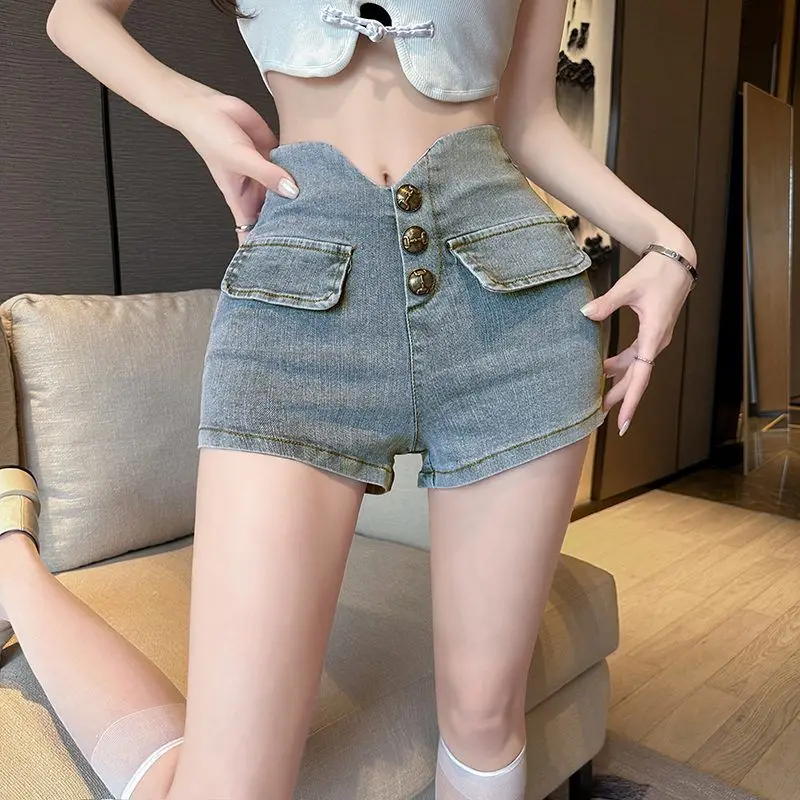 

2024 New Summer Fashion Buttons High Waist Shorts Women Clothing Fashionable Slim Elastic Waist Jeans Ladies Sexy Bodycon Pants