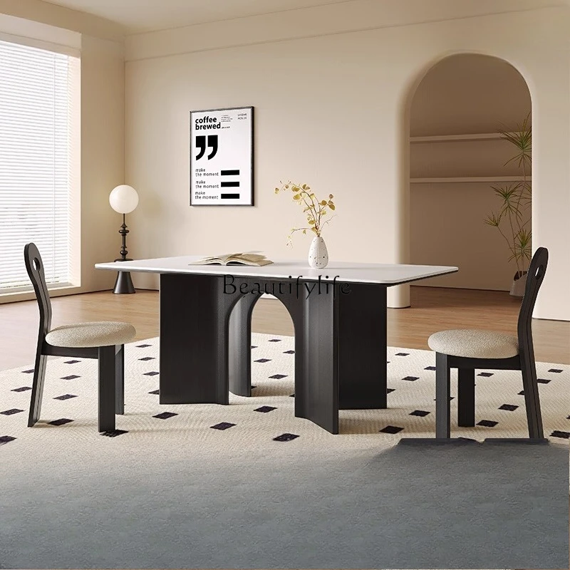 Light luxury modern simple rectangular French new Italian white rock slab dining table