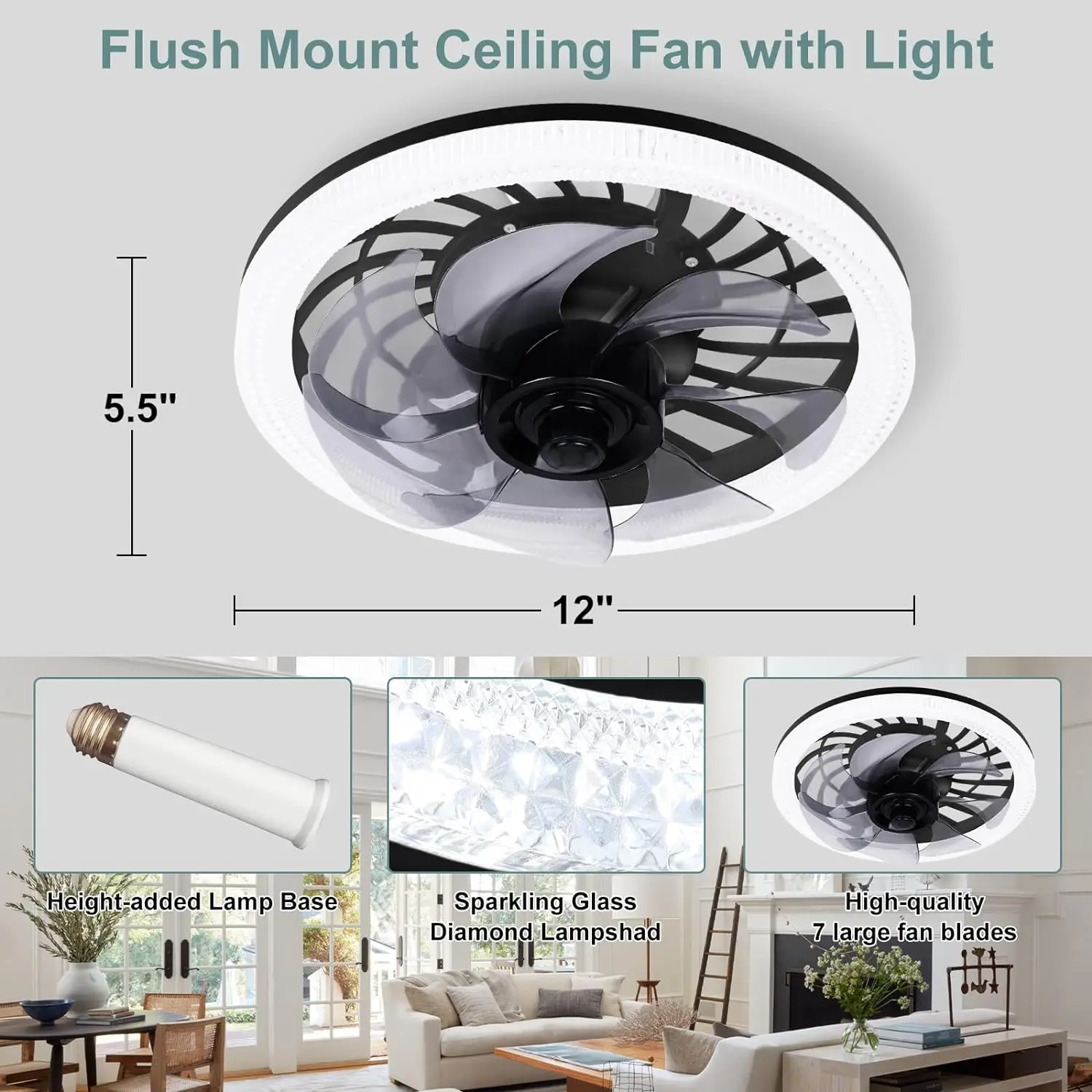 Imagem -03 - Dimmable Flush Mount Ventilador de Teto com Luz Controle Remoto Mudança de Temperatura de Cor Ventilador com Luz