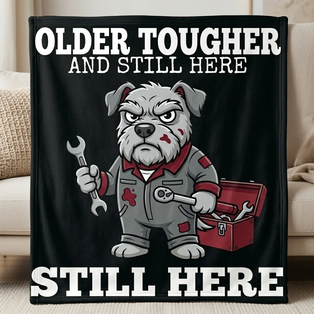 

Mechanic Bulldog Older Tougher Still Here Flannel Throw Blanket, Tough Mechanic Dog Graphic Soft Stylish Home Decor Gift Blanket