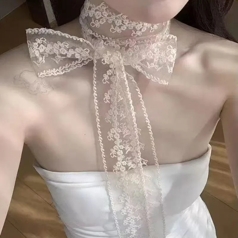 Lace Ribbon Scarf White Thin Long Lightweight Dual Purpose Neck Wrap Belt Hair Tie for Women Premium Versatile Daily Accessories