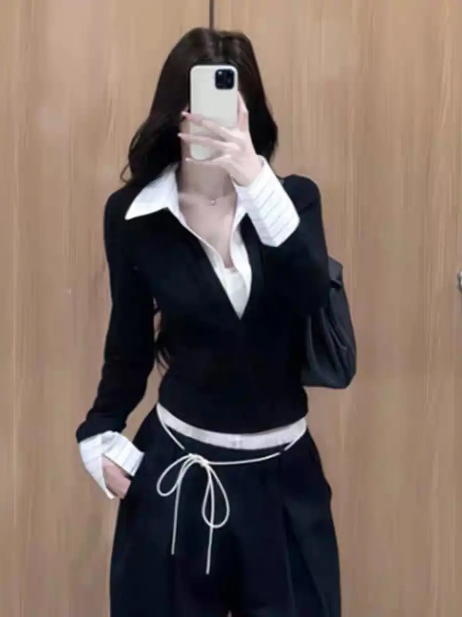 

Korean Waist-Cut Beautiful Shoulder Casual Simple Women's Shirt Spring Turn Collar Color Block Striped Fake Two-Piece Lazy Top