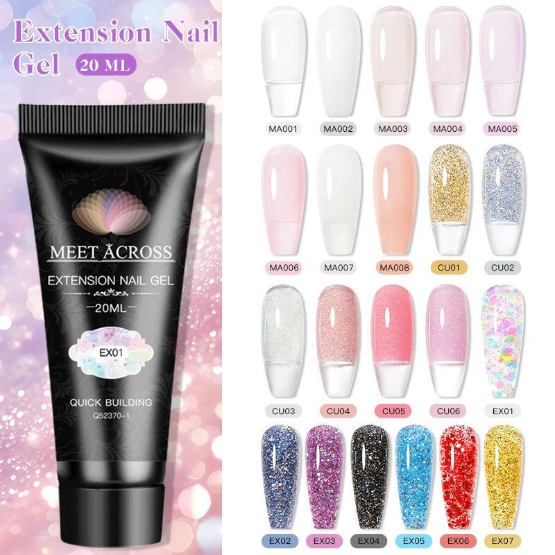 MEET ACROSS 20ml Quick Extension Nail Gel Polish Nude Pink Glitter Nail Art Semi Permanent Builder Gel Soak Off Extender Vernis