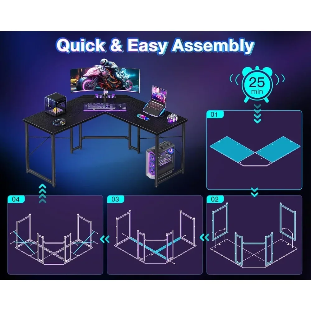 مكتب ألعاب على شكل حرف L، مكتب ألعاب للمكتب المنزلي، مكتب كمبيوتر، محطة عمل قوية للكتابة بمساحة صغيرة، سهلة التجميع