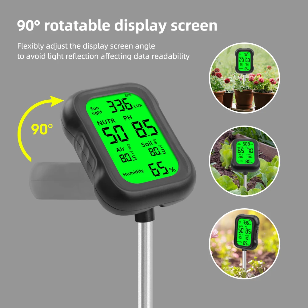 Yieryi LCD digitale 6-in-1 Tester del terreno PH Umidità Fertilità Luce solare Misuratore della temperatura dell'aria Monitor del suolo per piante da giardino agricole all'aperto