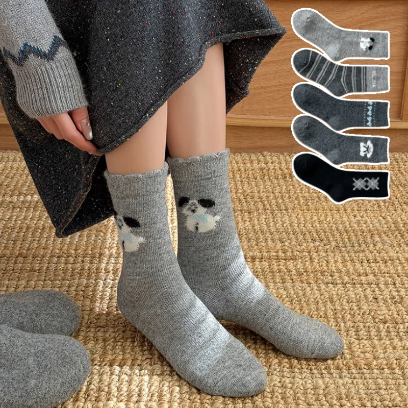 

1/3/5 пар женских шерстяных носков, зимние толстые теплые носки до середины икры, серые универсальные повседневные носки с милым бантом для собак, размеры 35-40