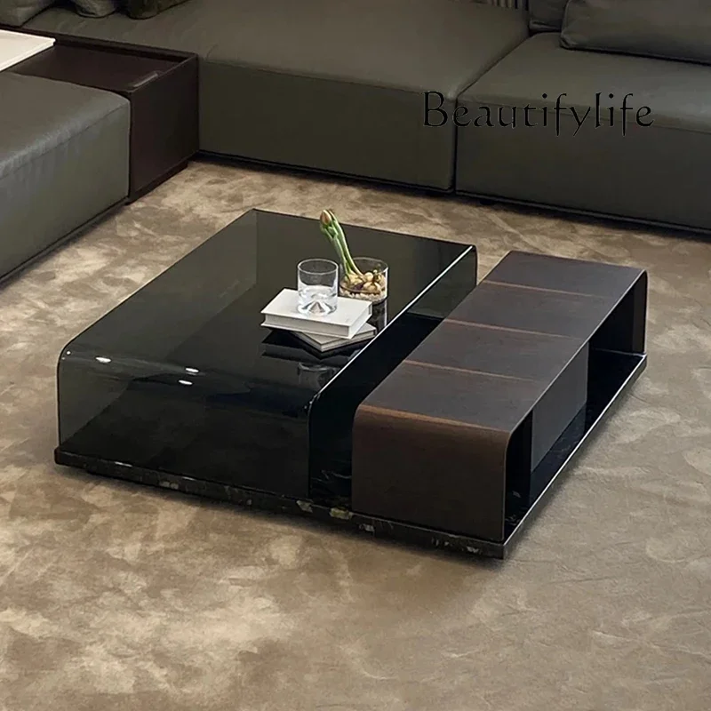 

R Marble Coffee Table Italian Minimalist Villa Large Flat Square Glass Solid Wood Advanced Large Tea Table