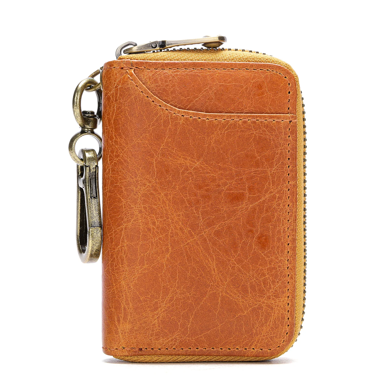 Vintage Water-Resistant Leather Keychain Wallet, 2-in-1 Coin & Key Pouch with D-Ring, Compact EDC Organizer