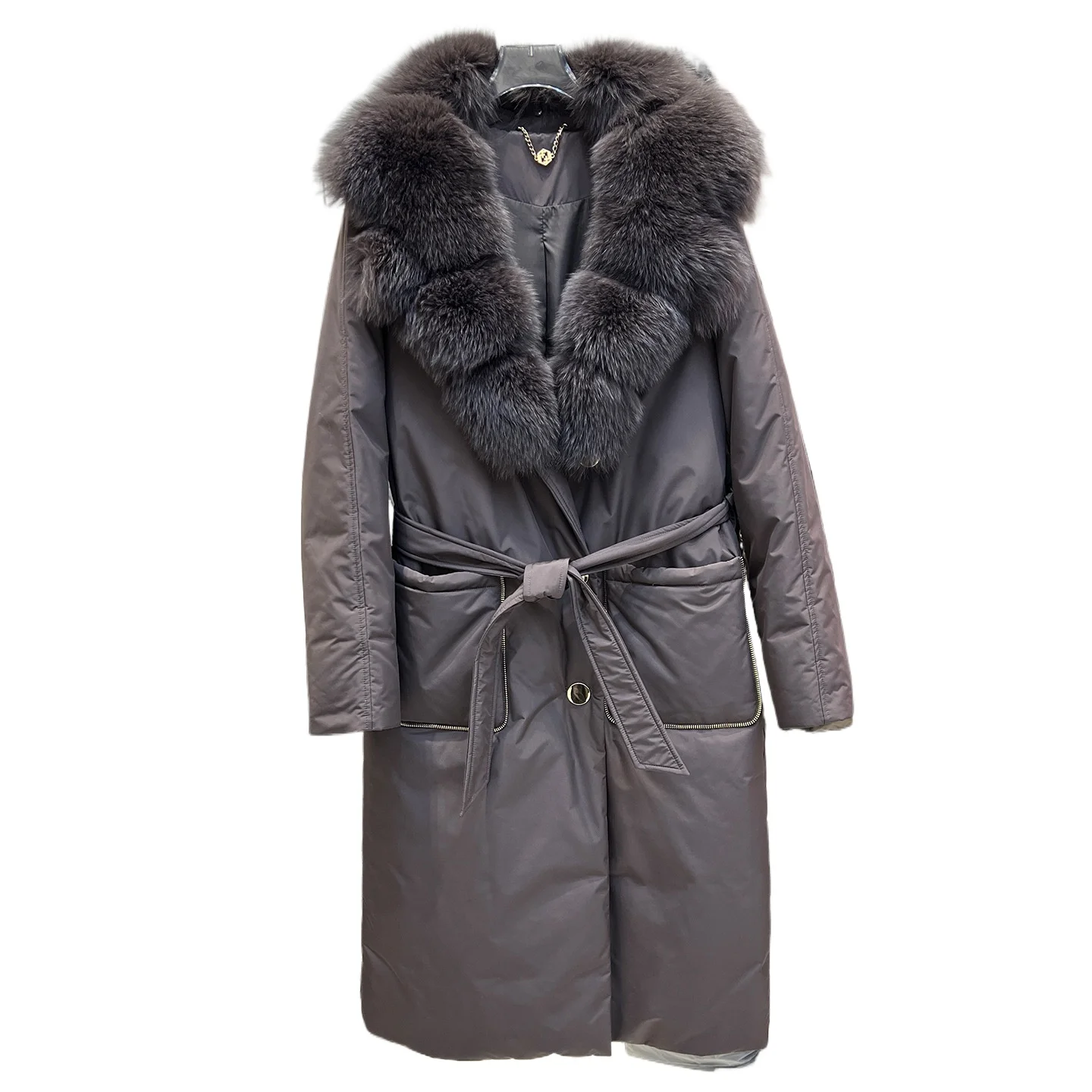 

Модная женская зимняя куртка 2025 года на утином пуху с большим воротником из лисьего меха, на шнуровке, длинная, теплая