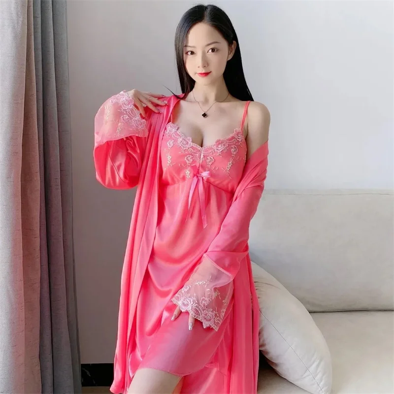 Robe Gown Sets Women 2pcs Solid Ice-silk Trendy Casual Lace Up Home Popular 3XL Loose Nightwear Sexy Thin Womens Bathrobe Chic