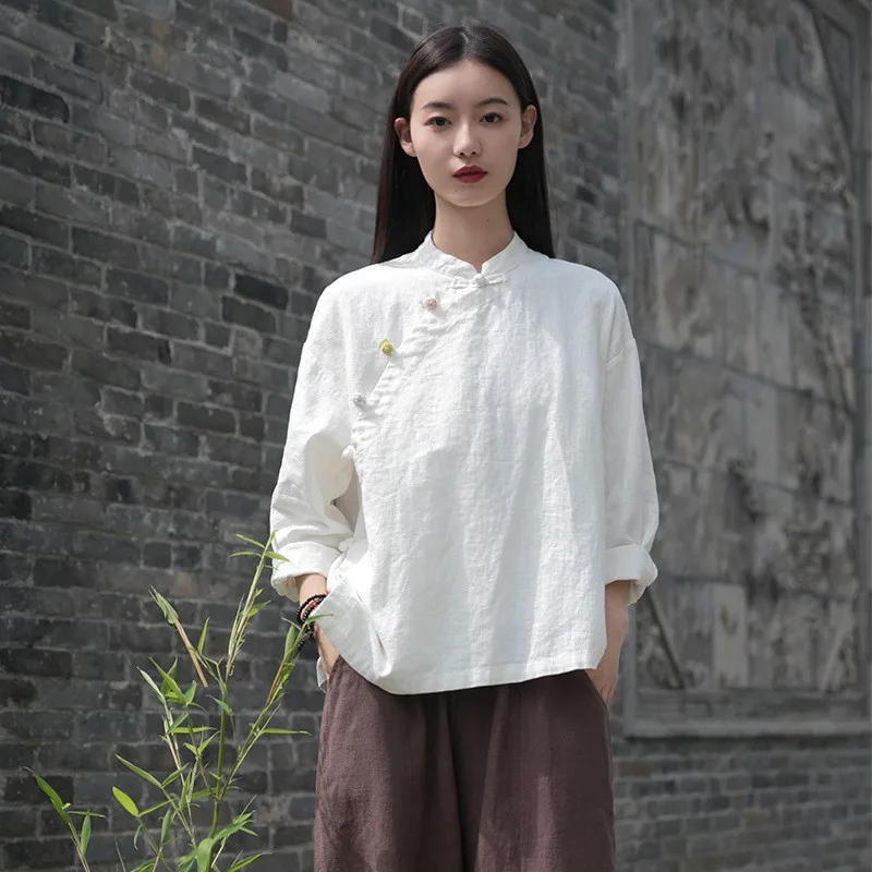Herbst Winter Neue Chinesische Sle frauen irt Stehkragen Asymmetrische Saum Patchwork Farbe Baumwolle Leinen Zen Tee Kleidung
