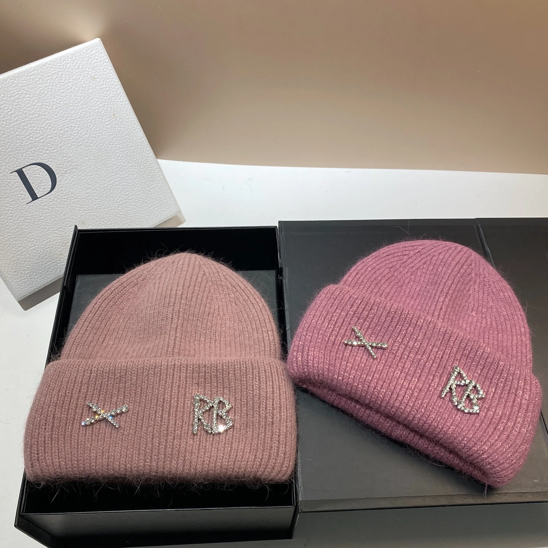 1PC New RB Letters Rabbit Hair Knitted Hat With Winter Windproof Ear Protection Hat Outdoor Thicken Warm Hat