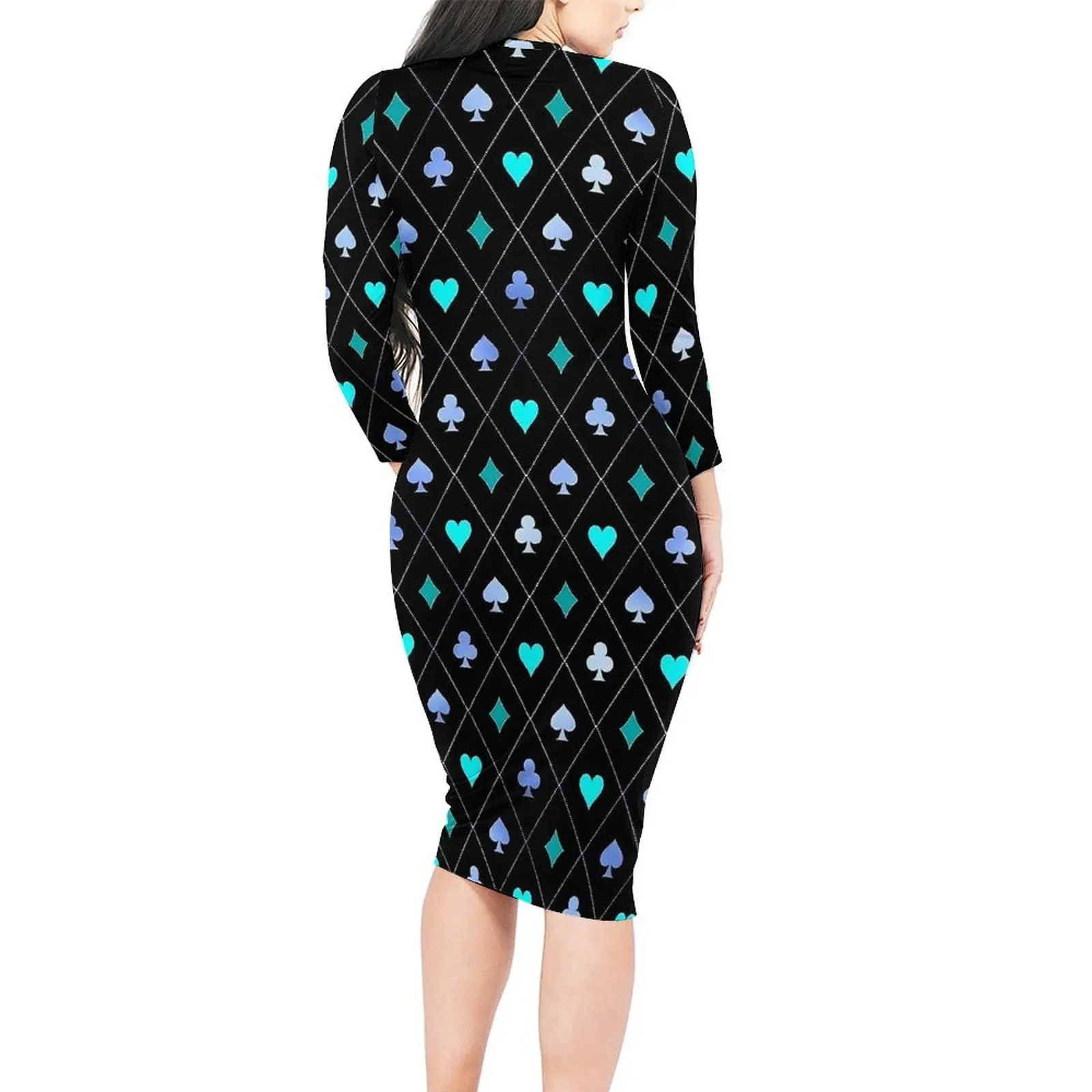 Blue Playing Cards Bodycon Dress Women Diamonds Clubs Hearts Spades Night Club Dresses Autumn Long Sleeve Street Style Dress