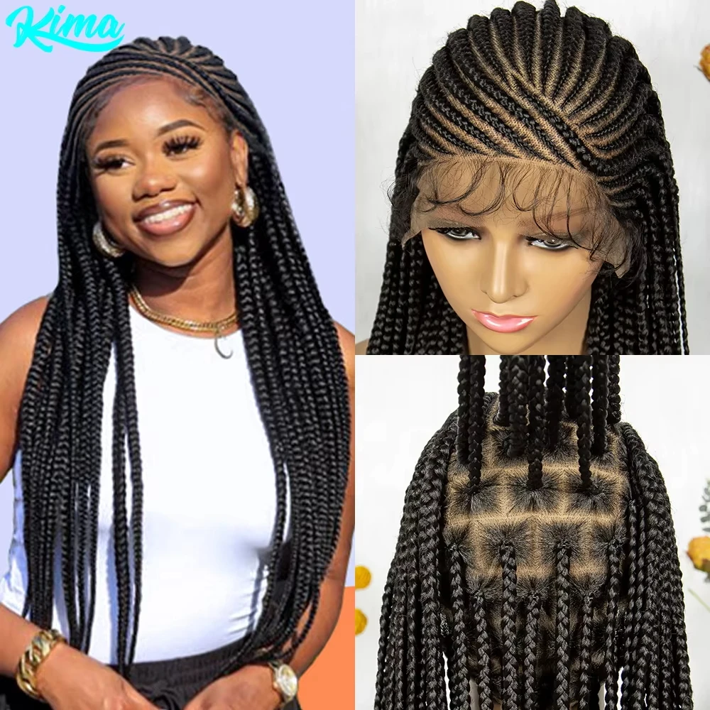 Kima-Full Lace Cornrow trançado peruca para mulheres, Kima sintético tranças de caixa, Fulani trançado, pontos, 36 polegadas