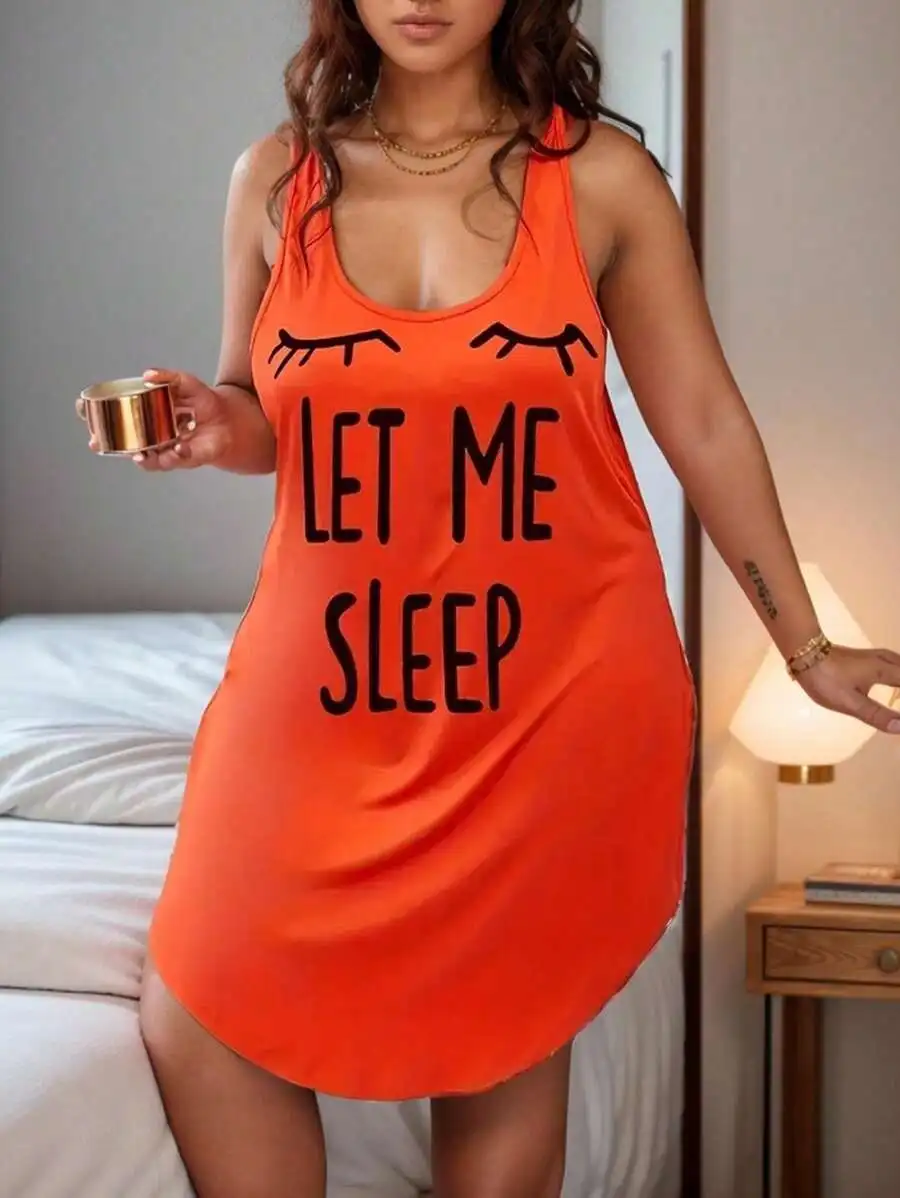 

Orange Sleeveless Sleep Dress with Eyelash & 'Let Me Sleep' Print