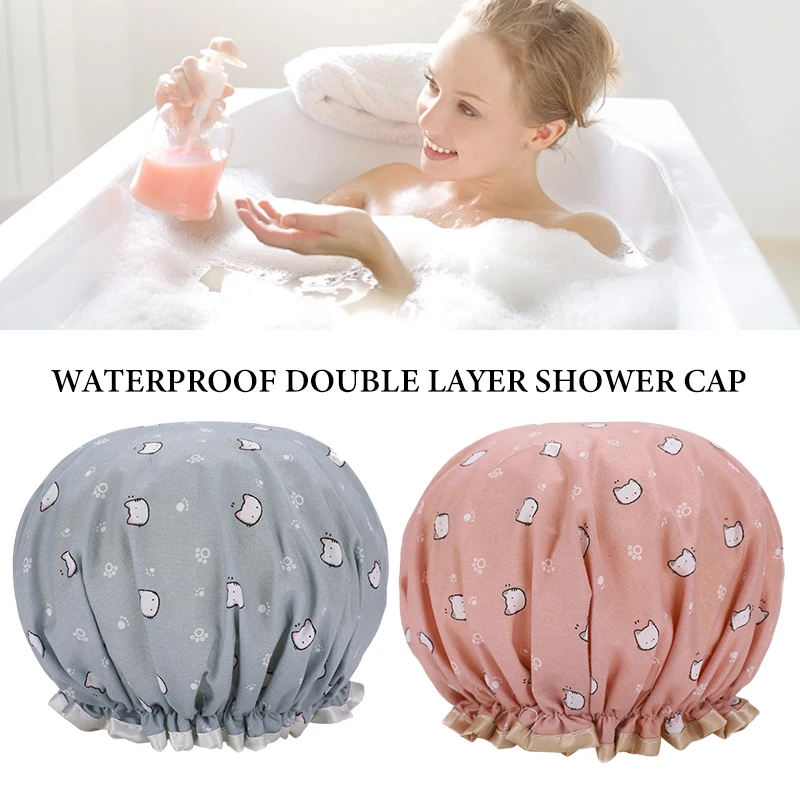 1Pc Waterproof Double Layers Shower Caps Elastic Band Lovely Cat Pattern Reusable Bathing Hat for Women Girls