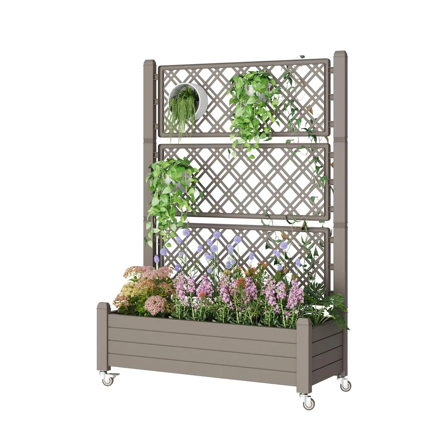 Resin Raised Garden Bed with Trellis and Wheels - Plasitc Planter Box with Trellis Outdoor with Drainage Holes, Customized