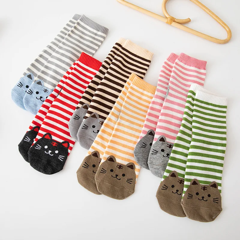 Women's Socks Cute Kawaii Striped Kitten Fall Winter Girls Gift Warm Comfortable Casual Animal Print Middle Tube Cotton Socks