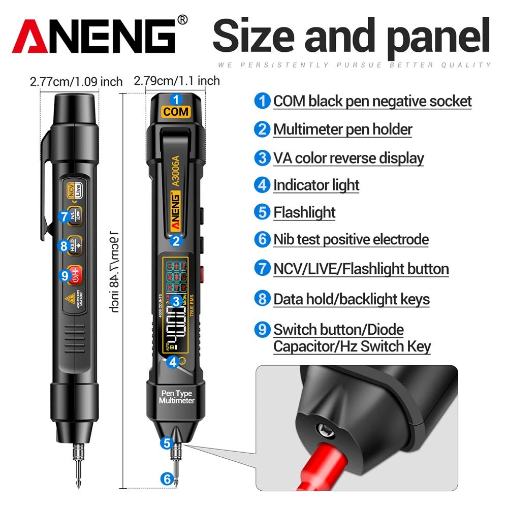 ANENG A3006A Digital Multimeter Pen Tester Smart 2 en 1 Alta Precisión AC / DC Voltaje Sin Contacto Hz Resistencia Diodo Identificación Automática Electricistas Herramientas Detector