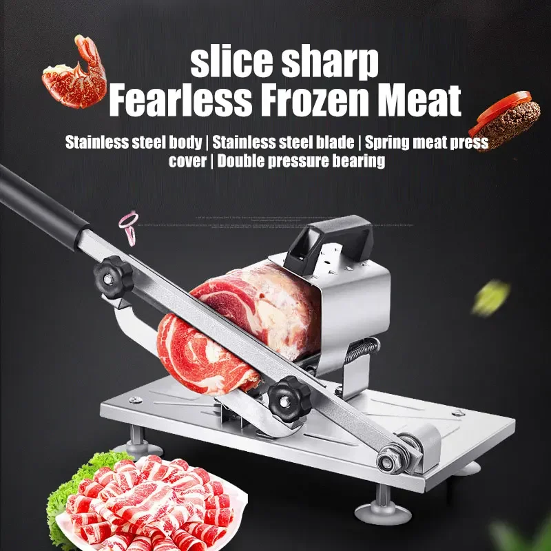 Manual Frozen Meat Slicer Stainless Steel Meat Cutter Beef Mutton Roll Food Slicer Slicing Machine for Cooking Hot Pot Shabu BBQ