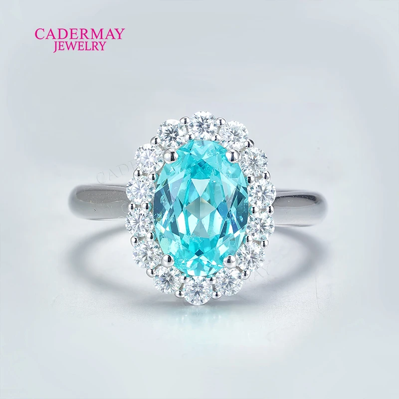 

Classic Flower 7x10mm Oval Shape Blue YAG Lab Paraiba Rings 925 Silver Engagement Halo Moissanite Rings Women Gift Party