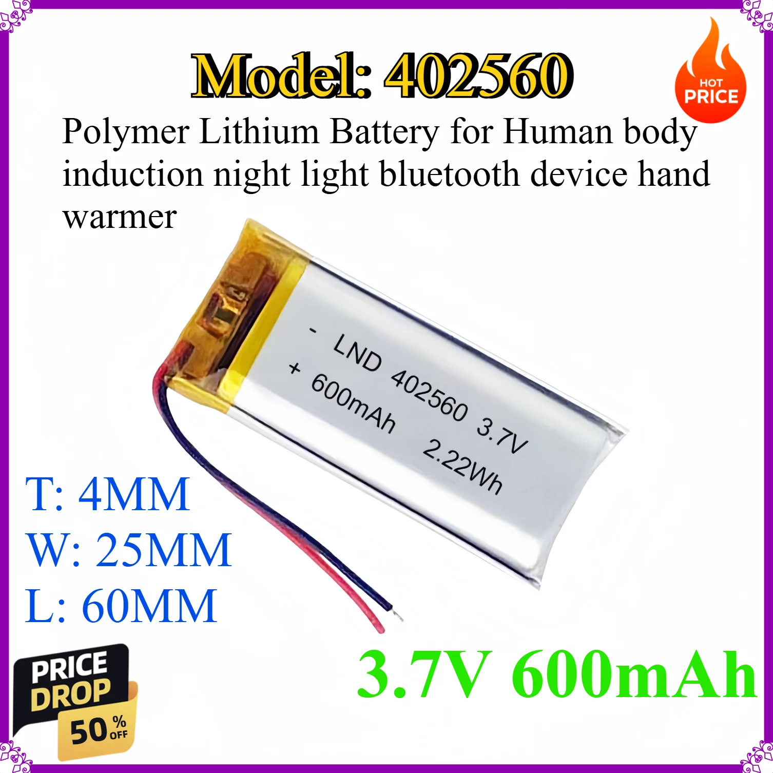 402560 600mAh 3.7V Polymer Lithium Battery for Human body induction night light bluetooth device hand warmer