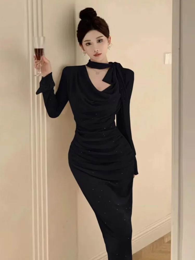 Kimotimo Women Dress Sexy Shiny Swinging Neck High Waist Slim Folds Temperament Long Sleeve Dresses High Grade Party Vestidos