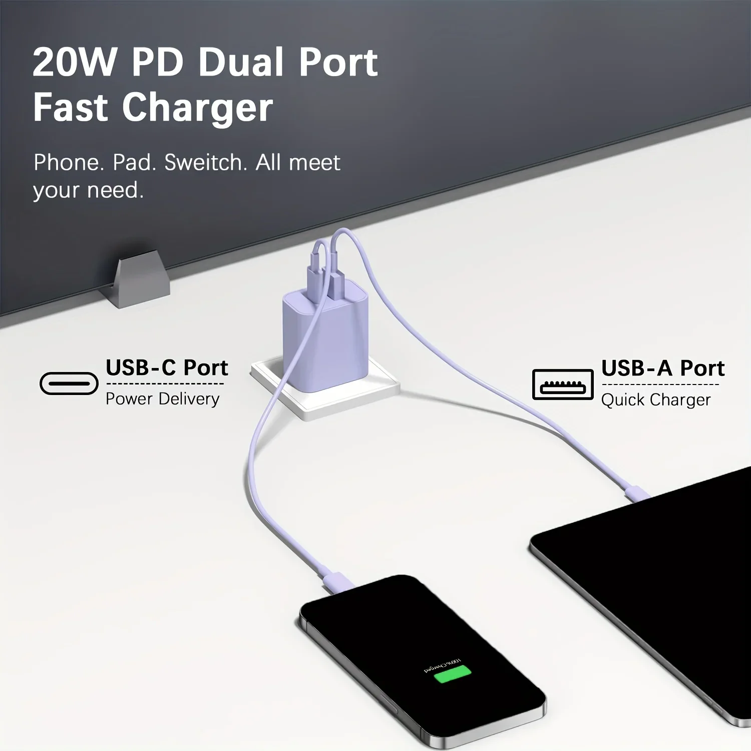 USB C 타입 고속 충전기 블록 듀얼 포트 전원 어댑터, 아이폰 16, 15 시리즈, 아이패드, 삼성용, 6FT 케이블 포함, 20W