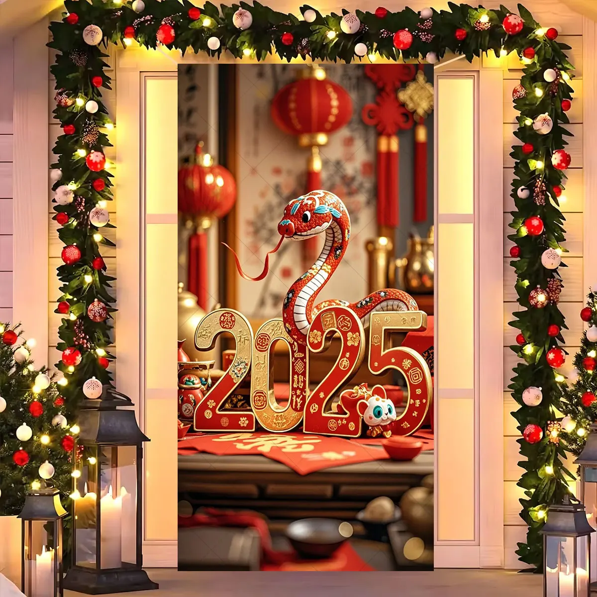 2025 Happy New Year Backdrop Chinese Style Snake Red Lantern New Year Eve Family Party Photography Background Decor Photo Studio