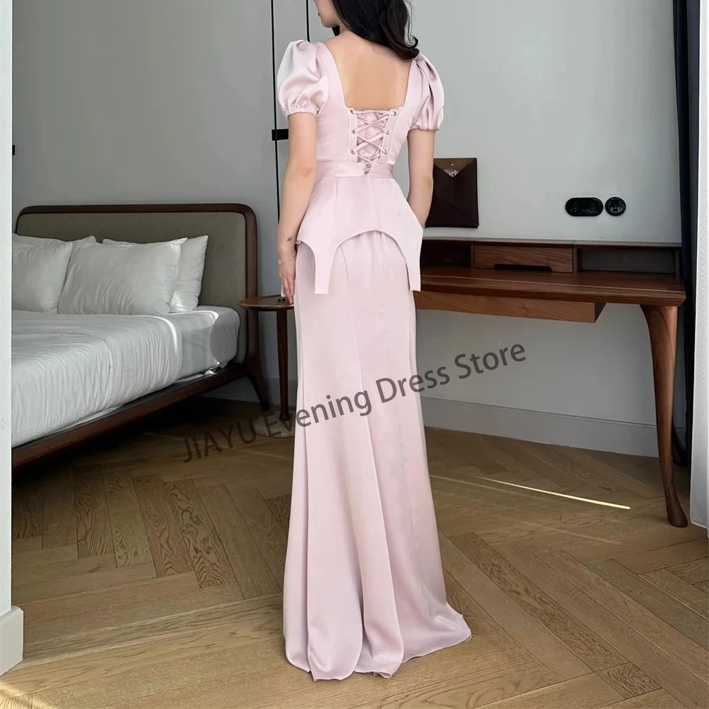 

Customized Pink Two Piece Square Collar Puff Sleeve Formal Party Dresses Satin Pleat A-line Floor Length Prom Gown Evening Dress