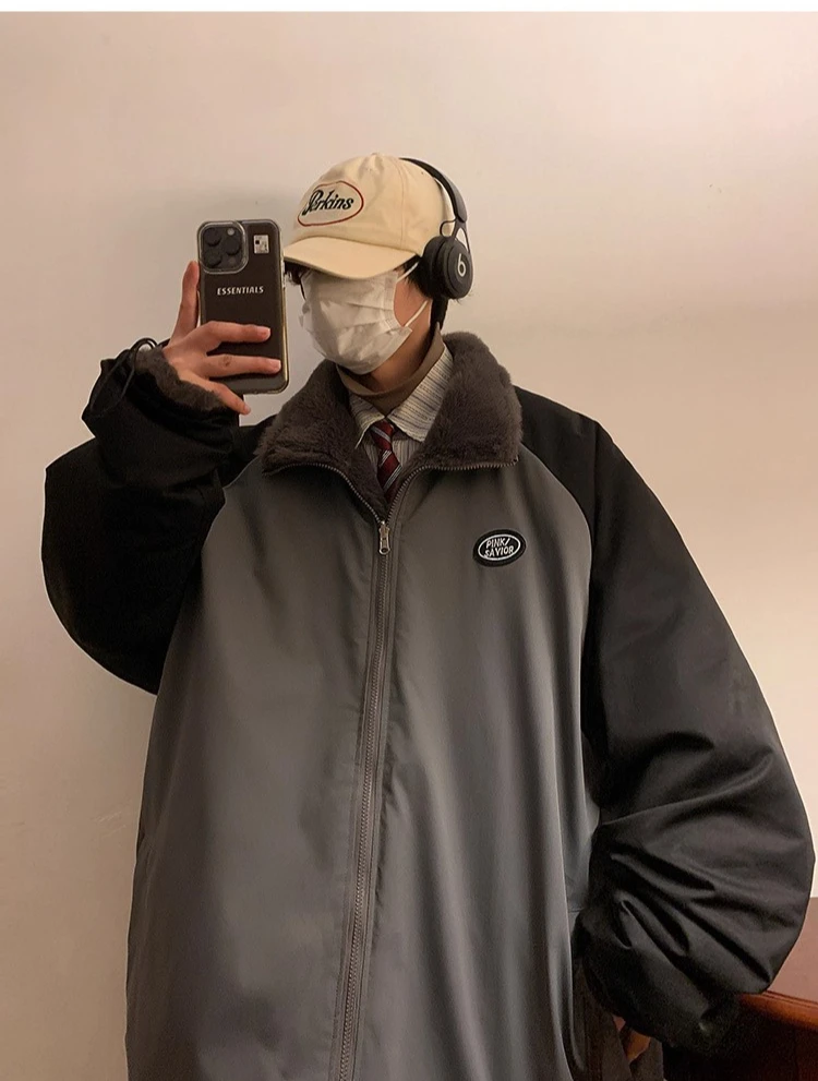 2025 الشتاء الرجال عكسها الصوف مبطن سميكة صوف الضأن معطف رمادي خمر فضفاض المشمش سترة قطن عادية #2