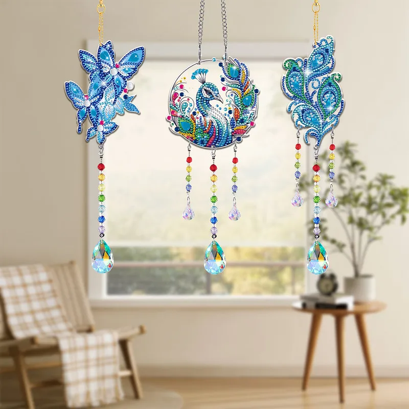 3PCS Diamond Painting Cartoon Peacock 5D DIY Wind Chime Christmas Pendant Embroidery Hanging Gift Window Pendant Home Decor Kit