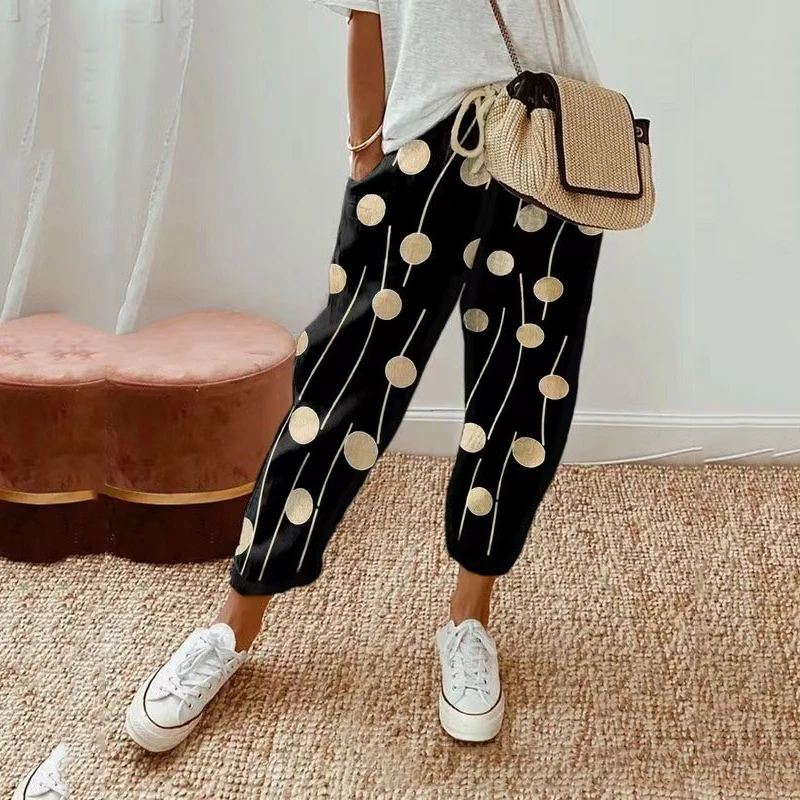 2023 Spring Summer Women Drawstring Waist Print Pocket Decoration  Mid-waist Straight Trousers Fashion Loose Casual Trousers