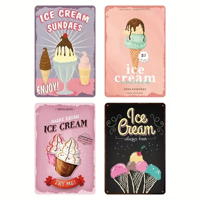 4pcs Vintage Ice Cream Metal Sign Set- Suitable For Dessert Stations, Ice Cream Shops, Milkshakes Bars, Frozen Yogurt Parlors