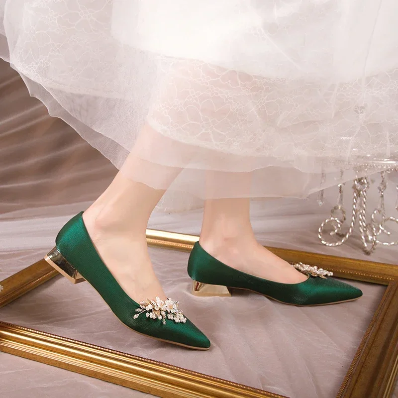 Flowers Pointed Toe Pumps for Women\'s 2024 New Green Silk Low Heels Shoes Woman Slip on Thin Heeled Lady Shoes Green Party Shoes