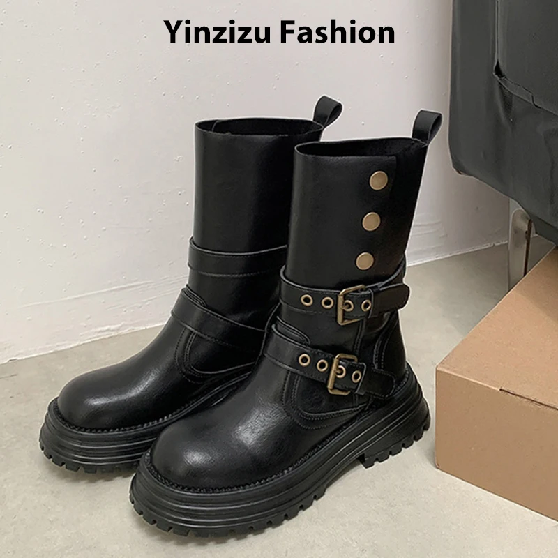 

2025 Platform Ankle Boots for Women Fashion Belt Buckle Vintage Short Boots British Style Ladies Shoes
