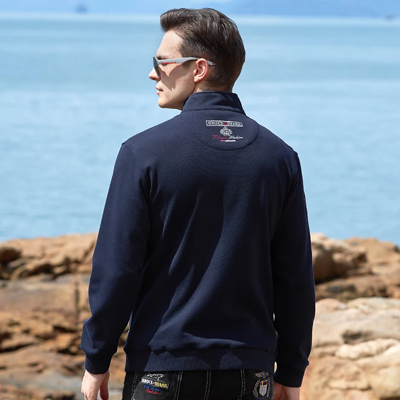 2025 Men's Thicken Cotton Sweater Autumn Bruce&Shark New Fashion Stand-up Collar Men's Knit Outwear Man Base Coat Black Big Size