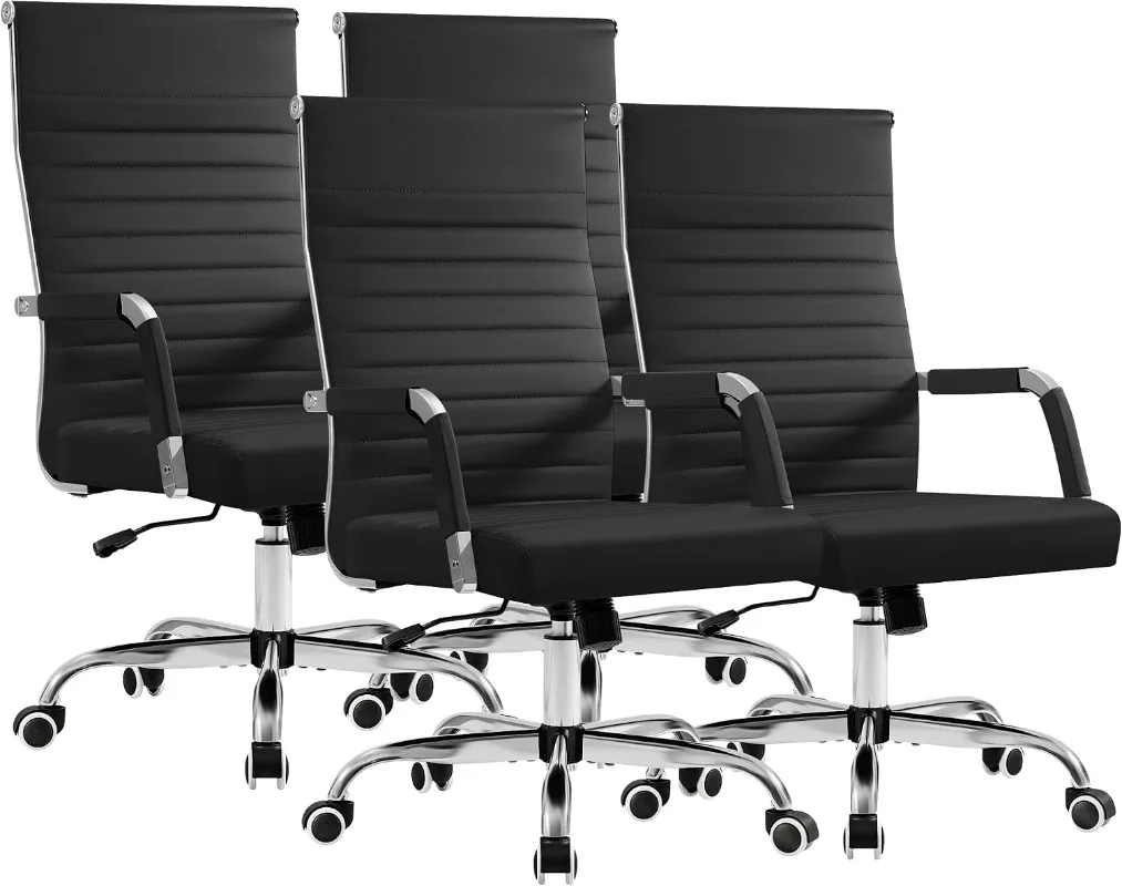 Furmax Ergonomic Office Desk Chair, Executive Ribbed Mid-Back PU Leather Conference Room Chair Adjustable Swivel Chair with Arms