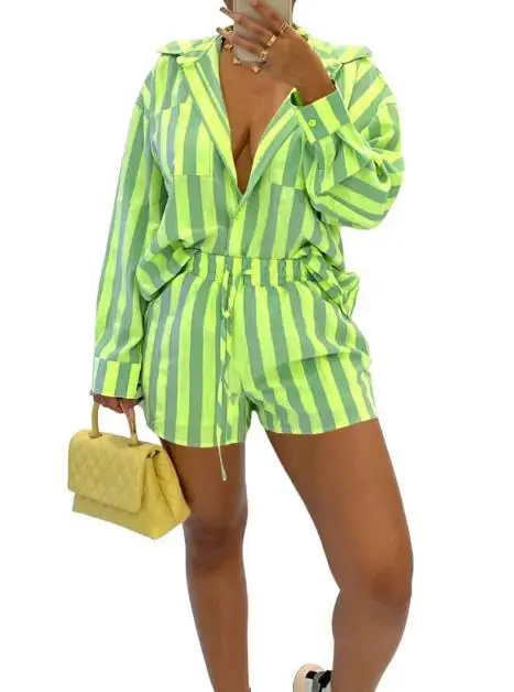 Women's Commuter Set Spring/summer Latest Fashion Casual Vertical Stripe Long Sleeved Shirt Shorts Loose Print Two Piece Set