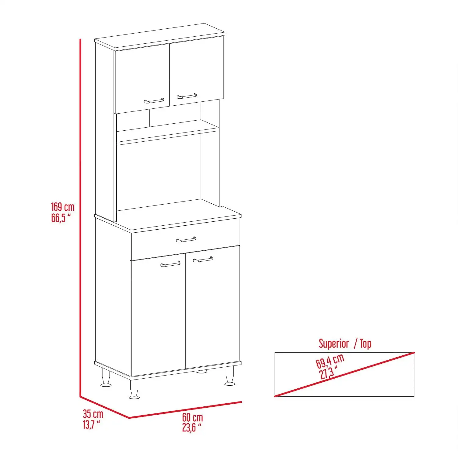 Della 60 Kitchen Pantry with Countertop, Closed & Open Storage Light Gray