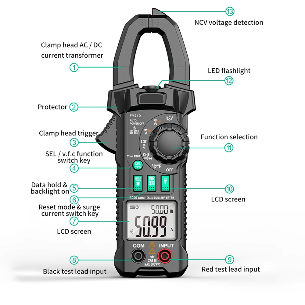 AC DC Digital Clamp Meter Auto Rang Multimeter True RMS Smart Plier Ammeter High Precision Capacitance Voltage Hz Ohm NCV Tester